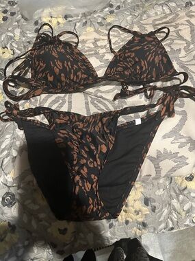 Tie-Side Leopard Print Bikini in Black and Brown